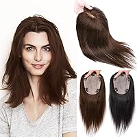 16Inch Women Human Hair Topper One Piece 12x13cm Silk Base Hair Topper Top Hair Pieces Clip in Hair Topper Wiglets Hairpieces for Thinning Hair Medium Brown Color