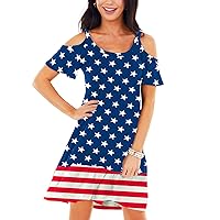 Deerose 4th of July Dresses for Women Cold Shoulder American Flag Tie Dye Dress with Pockets