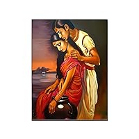 Vintage Indian Couple Art Poster Canvas Painting Traditional Couple Indian Art South Asian Decor Gif Canvas Painting Wall Art Poster for Bedroom Living Room Decor 16x20inch(40x51cm) Frame-style