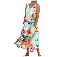 Spring Dresses for Women 2024 Printed Flowy Dress with Pocket Sleeveless Casual Dresses Trendy Swing Sun Dress