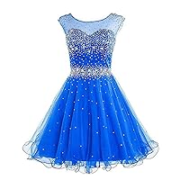 VeraQueen Women's A Line Beaded Homecoming Dress Short Tulle Sleeveless Cocktail Gown RoyalBlue