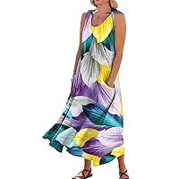 Linen Dress for Women 2024 Summer Flowy Tank Dress Printed Sleeveless Maxi Dress Casual Long Dresses with Pockets