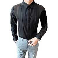 Men's Casual Long-Sleeved Wedding Shirt Slim Fit Tuxedo Shirt Solid Pointed Collar 1/4 Pleats Tuxedo Shirt