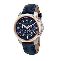 Maserati Successo R8871621015 Men's Chronograph Watch Stainless Steel Rose Gold PVD Leather, blue, stripes