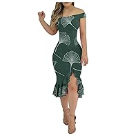 Resort Dresses for Women 2024, 3/4 Sleeve Dress for Women Embroidered Dress for Women Slit Ruffle Irregular Hem Dress Ladies 2024 Off Shoulder Summer Open Back Plain Off Midi (Green,X-Large)