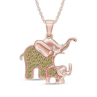 Simulated Birthstone Mom & Baby Elephant Pendant Necklace in 14k Rose Gold Plated 925 Sterling Silver Along with 18