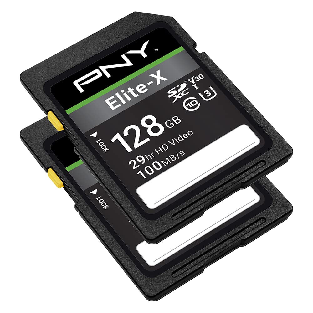 PNY 128GB Elite-X Class 10 U3 V30 SDXC Flash Memory Card 2-Pack - 100MB/s, Class 10, U3, V30, 4K UHD, Full HD, UHS-I, Full Size SD