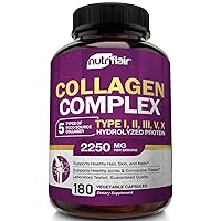 NutriFlair Multi Collagen Peptides 2250mg, 180 Capsules - Type I, II, III, V, X - Collagen Supplements Complex Powder Pills for Women and Men - Hydrolyzed Protein, Healthy Hair, Skin, Nails - Non-GMO