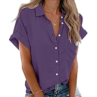 Beautife Womens Short Sleeve Shirts V Neck Collared Button Down Shirt Tops with Pockets