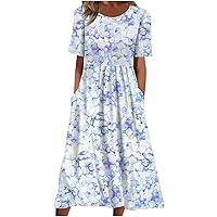 Womens Trendy Boho Floral Short Sleeve A-Line Dress with Pockets Summer Crewneck High Waist Flowy Elegant Dresses