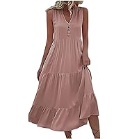 Lightning Deals of Today Prime by Hour Women Summer Flowy Dresses Casual Mid Calf Dress V Neck Button Sleeveless Midi Dress Classy Vacation Sundress Resort Dresses for Women Pink