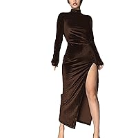 ECDAHICC Women's Velvet Dress Mock Neck High Waist Pleated Split Thigh Midi Bodycon Dress Long Sleeve Turtleneck Dresses
