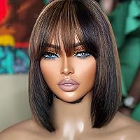 Short Bob Human Hair Highlight Wigs with Bangs Ombre 1B/30 Color 13X4 HD Transparent Lace Front Wigs Brazilian Human Hair 14 inch Glueless Wigs for Black Woman 150% Density Bangs Wig