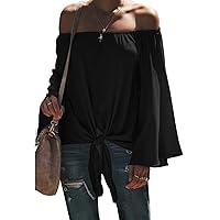 Flygo Women's Off Shoulder Bell Sleeve Blouse Chiffon Tie Knot Casual Shirt Tops