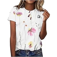 Summer Short Sleeve T Shirt for Womens Casual Dressy Blouse Loose Round Neck Cute Tee 2024 Boho Floral Beach Tshirts