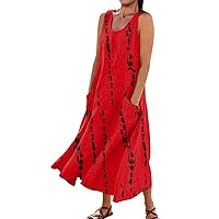 Womens Casual Summer Dresses Vintage Dress for Women Fashion Print Casual Loose Flowy Beach Dresses Sleeveless U Neck Linen Dress with Pockets Red Medium