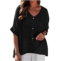 Womens Cotton Linen Summer Tops Casual Short Sleeve Shirts Dressy Blouses Plus Size Trendy Pleated Tunic
