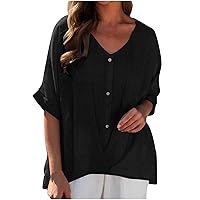 Women Loose Fit Cotton Linen Shirts V Neck Summer Tops Cozy Casual Tunic Plus Size T Shirt Button Oversized Blouse