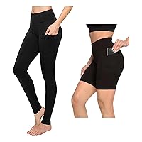 High Waisted Leggings - Regular Length w/Pockets - OneSize - Black & Biker Shorts - 8 inch - Pockets - Small
