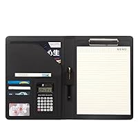 A4 PU Leather Conference Folder Personal Organizer Executive Business Resume Portfolio Padfolio with Calculator/Pen Slot/Card Holders/Document Folder/Paper Pad (Black)