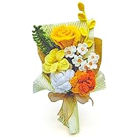 Crochet Bouquets, Crocheted Yarn Flowers, Handmade Crochet Rose Bell Orchid Suitable Tulip Fern Leaf as a Gift for Lover, Family,Friends. Artificial Flower Finished Bouquet (Yellow)
