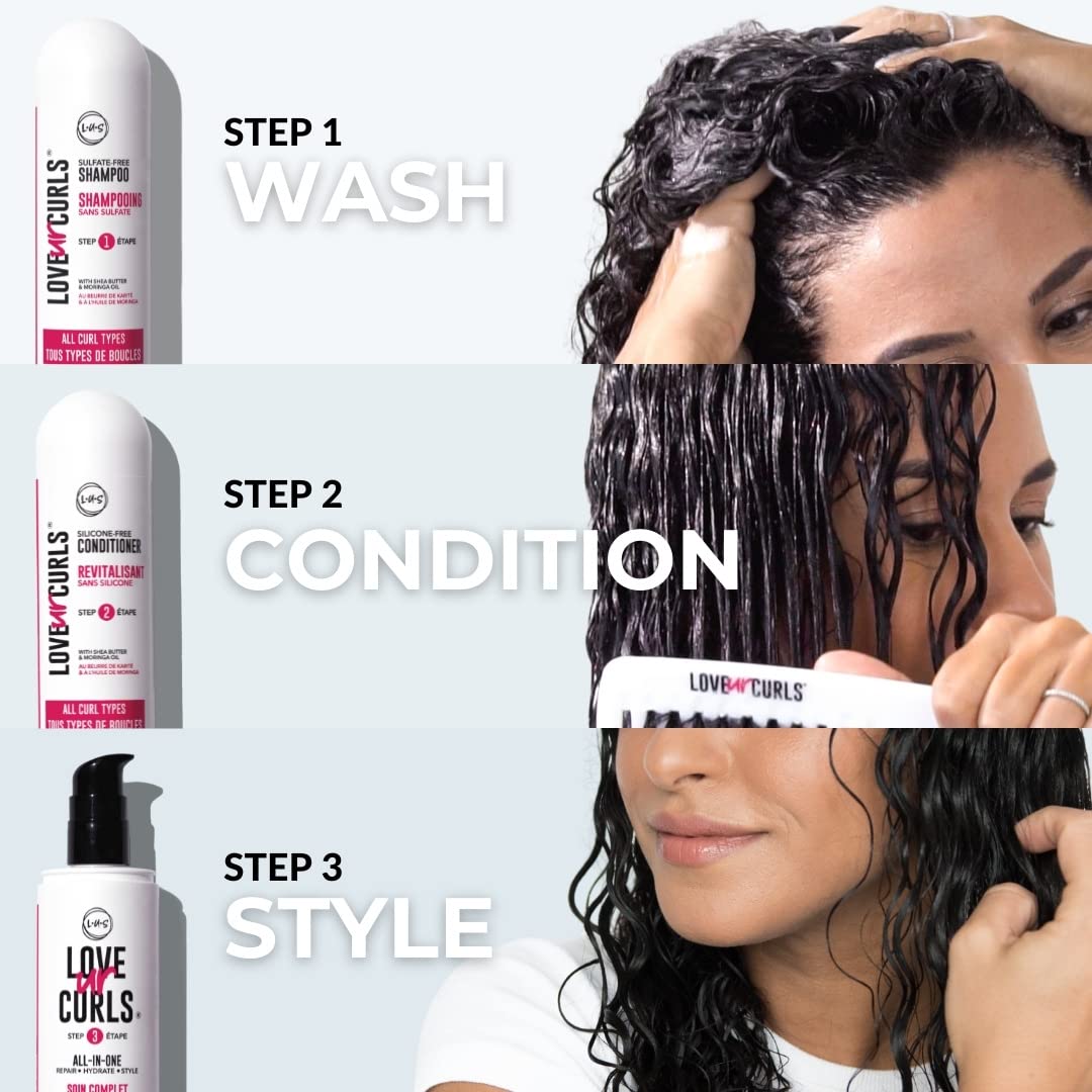 LUS Brands Love Ur Curls for Curly Hair, 3-Step System - Shampoo and Conditioner Set with All-in-One Styler - LUS Curls Hair Products - No Crunch, Nonsticky, Clean - 8.5oz each
