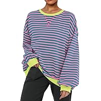 Women Striped Oversized Sweatshirt Color Block Long Sleeve Shirt Crew Neck Casual Loose Pullover Y2K Top