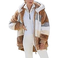Womens Winter Fuzzy Fleece Jackets Hooded Color Block Patchwork Cardigan Coats Zip Hoodies Outerwear Shackets