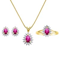 Rylos Matching Jewelry For Women 14K Yellow Gold Diamond & Star Ruby Matching Earrings, Pendant Necklace and Ring Set - with 18