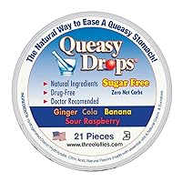 Queasy Drops Sugar Free, (Chemo, Motion Sickness, Hangover etc.), Drug Free & Gluten Free, Five Flavors: Ginger, Papaya, Cola, Banana, & Raspberry, 21 Count (Pack of 3)