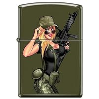 Sexy Military Lady Pin up with a Gun Green Matte Zippo Lighter