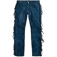 Men's Native American Cowhide Suede Leather Jeans Style Pants with Fringes