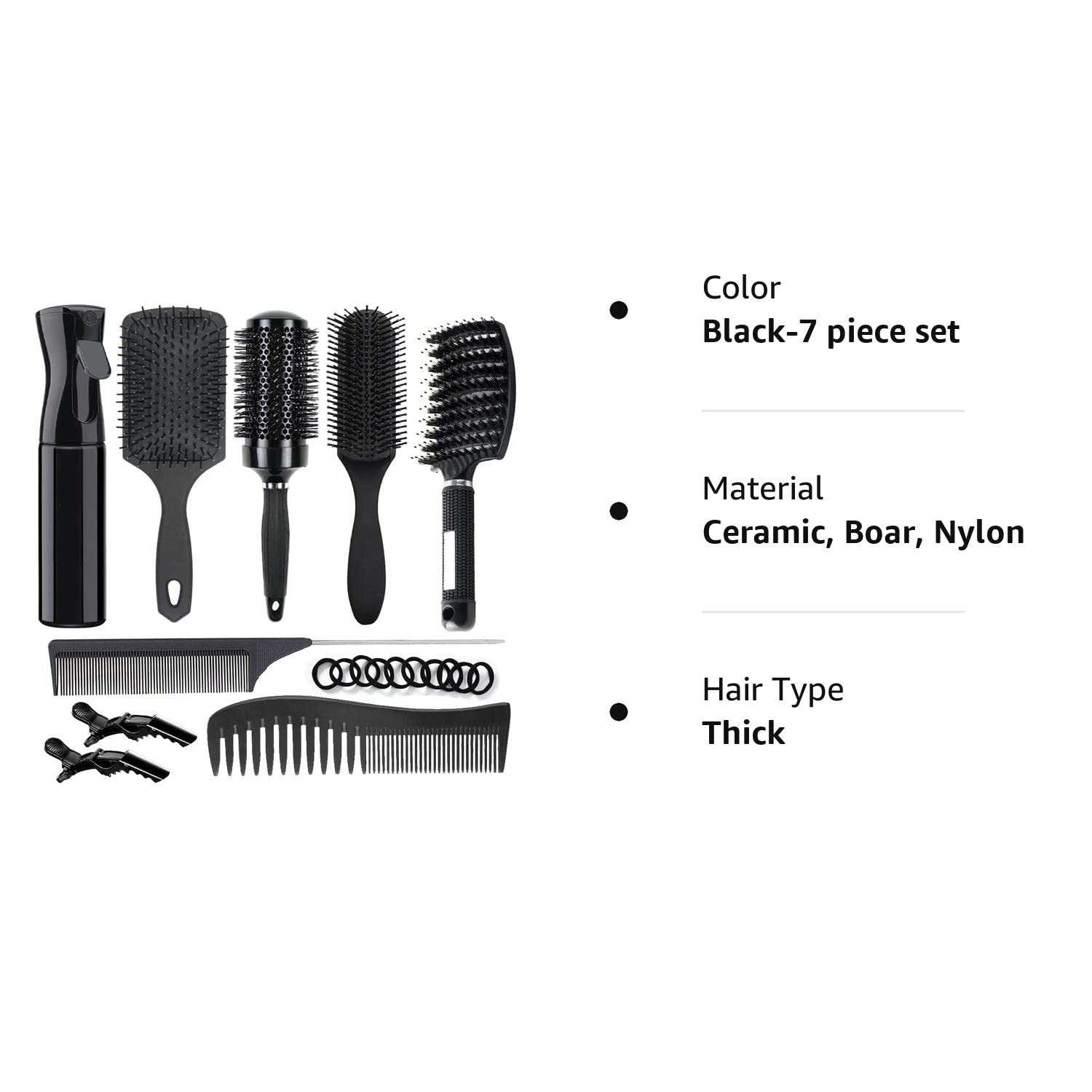 9PCS Hair Brush Set Round Brush and Paddle Hair Brush Great On Wet Long Thick Hair, Detangling Brush and Spray Bottle for Wavy Curly Hair, Meet Your Family's Daily Hair Care Needs Black