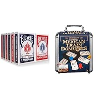 Bicycle Rider Back Playing Cards,12 Count (Pack of 1) & Mexican Train Dominoes Set Tile Board Game in Aluminum Carry Case with Colorful Trains for Family Game Night, for Adults and Kids Ages 8 and up
