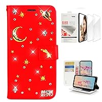 STENES Bling Wallet Phone Case Compatible with Google Pixel 7 - Stylish - 3D Handmade Planet Moon Meteor Glitter Magnetic Wallet Leather Cover with Screen Protector [2 Pack] - Red