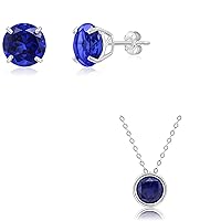 MAX + STONE 14k Gold Large Sapphire Round Stud Earrings and Pendant Necklace Set | 9mm Birthstone Earrings and Pendant Necklace with 7mm Birthstone on 18 Inch Cable Chain Spring Ring Clasp Bezel