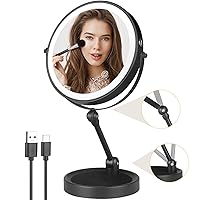 Magnifying Mirror with Light, Height Adjustable Desktop Mirror, Double Side 1x/10x Lighted Makeup Mirror, 8 Inch Swivel Vanity Mirror with Stand Brightness Adjustable Travel Cosmetic Mirror Black