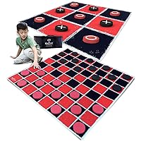 SWOOC Games - 2-in-1 Vintage Giant Checkers & Tic Tac Toe Game With Mat (4ft x 4ft) - 100% Machine-Washable Canvas - Giant Outdoor Games For Kids - Giant Lawn Games - Yard Games For Kids - Giant Games