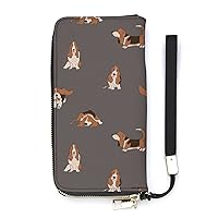 Basset Hound Dog Women's PU Leather Zip Around Wallets Handbag Cellphone Purse Card Holder With Wristlet Strap