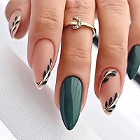 24 Pcs French Tip Press on Nails Medium Acrylic Nails Almond Fake Nails Green Nails Leaf Gold Foil Designs False Nails Matte Artificial Nails Full Cover Nails For Women and Girls Nail Art Decorations