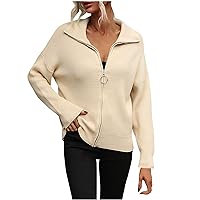 Women Collared Full Zip Fall Sweater Solid Long Sleeve Athleisure Cardigan Coat Trendy Loose Fit Jacket Outerwear