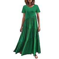 Spring Flowy Boho Maxi Dresses for Women 2024 Short Sleeve Crewneck Holiday Beach Sundress Ruffle Elagent Wedding Guest Dress