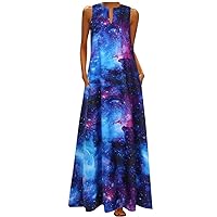 XJYIOEWT Maxi Dresses for Women 2024 Casual Linen, Women Plus Size Print Daily Casual Sleeveless Vintage Bohemian V NEC