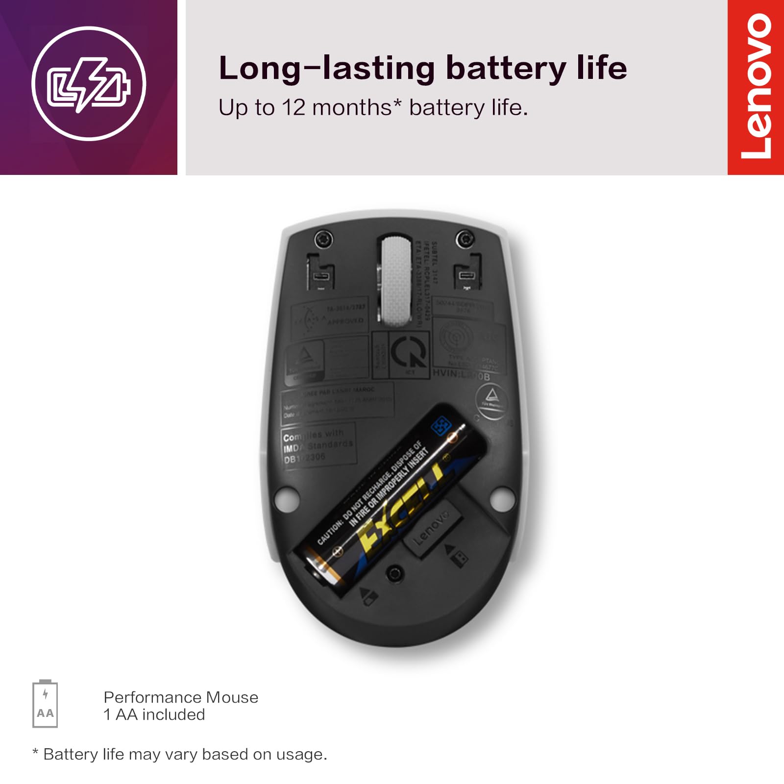 Lenovo 300 Wireless Mouse – Computer Mouse for PC, Laptop with Windows – Ambidextrous Design – 2.4 GHz Nano USB Receiver – 12 Month Battery Life