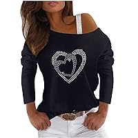 Womens Black Tops Sexy Off The Shoulder T-Shirt Fashion Hot Drilling Print Long Sleeve Blouses Loose Shiny Sequin Tops