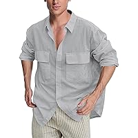 Mens Linen Button Down Shirts Long Sleeve Loose Fit Casual Dress Blouses Lightweight Cotton Beach Yoga T-Shirts with Pocket