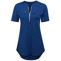 LuckyMore Women's Short Sleeve Zip Flowy Tunic Tops Business Casual Work Office Blouses Shirts (M-3XL)
