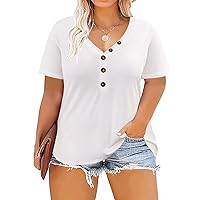RITERA Plus Size Tops Short Sleeve for Women Button V Neck Shirt Sexy Henley Basic Blouses White 2XL