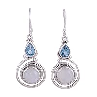 NOVICA Handmade .925 Sterling Silver Blue Topaz Dangle Earrings Moonstone from India Rainbow White Clear Birthstone [1.6 in L x 0.6 in W x 0.3 in D] 'Blissful Fusion'