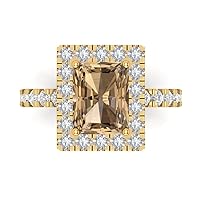 3.87ct Emerald Cut Solitaire with Accent Halo Brown Champagne Simulated Diamond designer Modern Ring 14k Yellow Gold